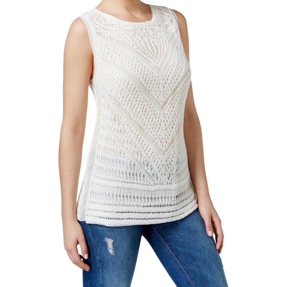 Lucky Brand Crochet Knit Sleeveless Top Cream Ivory Boho Tank XS